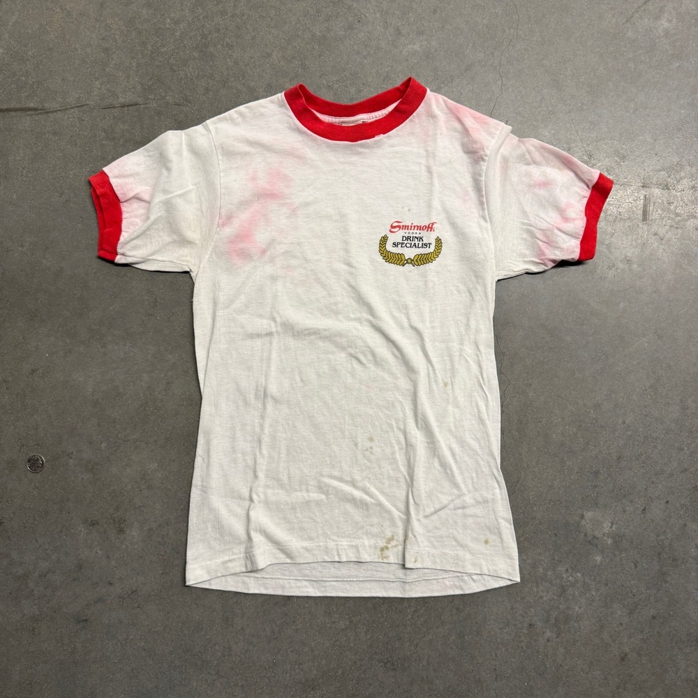 Vintage Smirnoff Vodka Drink Specialist Ringer T-Shirt White Red Large USA Made